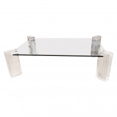 Rectangular glass coffee table with lucite and brass supports